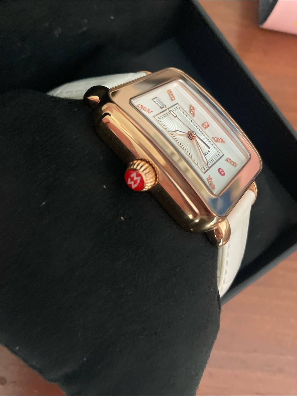 Michele Rose Gold Square Watch with White Strap and Pink Accents - Picture 6 of 15